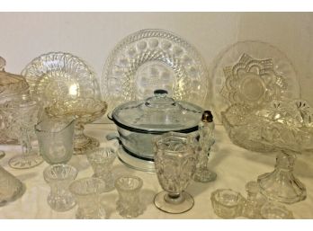 19 Pc Collection Of Crystal & Cut Glass W/Blue Crystal Serving Dish W/Lid And Warmer Stand, Cake Plates Lot #3