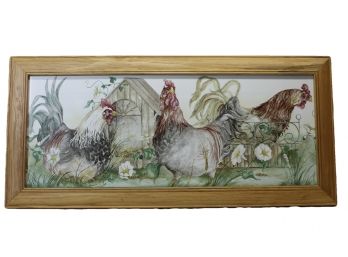 Nicely Framed Rooster Print, Depicting Three Roosters