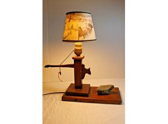 Unusual Working 1960's Folky Wood Table Lamp With Homestead Shoppe Inc. Pinhole Lamp Shade