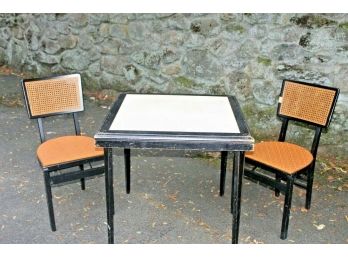Vintage Mid Century Black And White Card And Two Black Lacquered Chairs By Stakmore