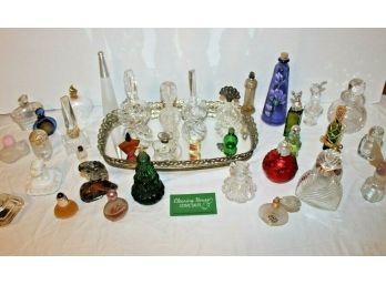 Lot #3 Of Collectible Perfume/Avon Bottles Mostly Crystal With Xmas & Oval Vanity Tray - All Are Vintage
