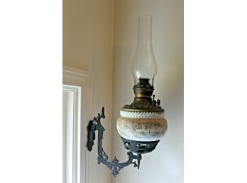 Antique Wall Mounted Milk Glass & Wrought Iron Oil Lamp