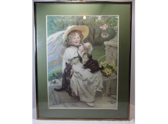 Framed And Matted Print Of Young Girl And Kitten....'You Must'nt Pull'