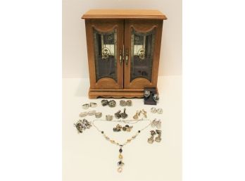 Assortment Of Silver Tone Ladies Earrings/Necklace & Wood Jewelry Box