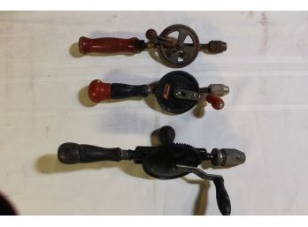 Set Of 3 Collectible Wood Handled Hand Drills Including Stanley Handyman 624 Etc.