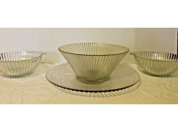 Mid Century Modern 4 Piece Lot With Large 2 Pc. Serving Bowl & 14' Platter, Two 8.5' Round Serving/fruit Bowls