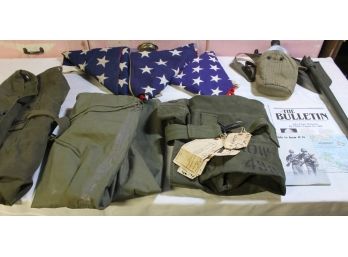 Collection Of U.S. Army Items Including 3 Memorial Flags, Shovel, Canteen, Gear Bags And Army  Literature