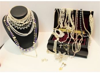 Large Lot Ladies Pearl Jewelry & Wood Jewelry Box