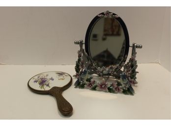 Vanity Mirrors, Vintage Porcelain & Brass Handheld & Ornate Tabletop Mirror