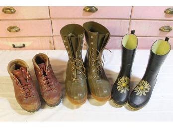 3 Vintage Boots Including Vasque Red 9.5 Work Boots, Converse Size 11 Mens Rain Boots & Ladies Size 7 Galoshes