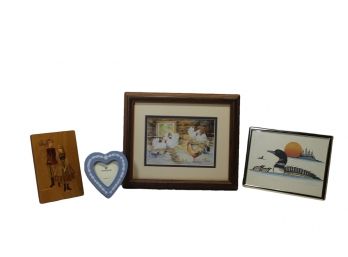 Miscellaneous Art Group Includes A Wedgewood Heart Frame, A Wood Inlay Made In Poland, A Loon At Sunset Etc.