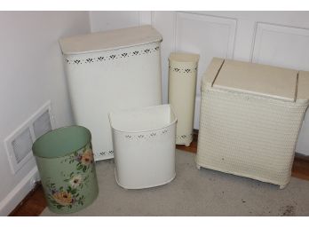 Vintage Lot Of 5 Hampers, Waste Paper Baskets, Toilet Paper Holder