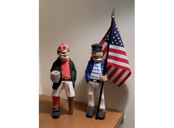 Two Hand Carved Figures, One Pirate And One Sailor