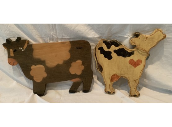 2 Wooden Hand Painted Cows