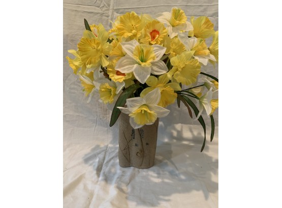Pottery Vase With Faux Daffodils