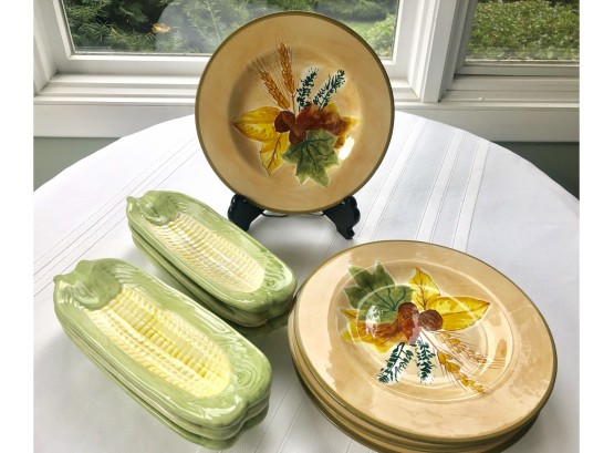 Autumn Dish Lot - 6 Corn Holders & 4 Fall Themed Plates