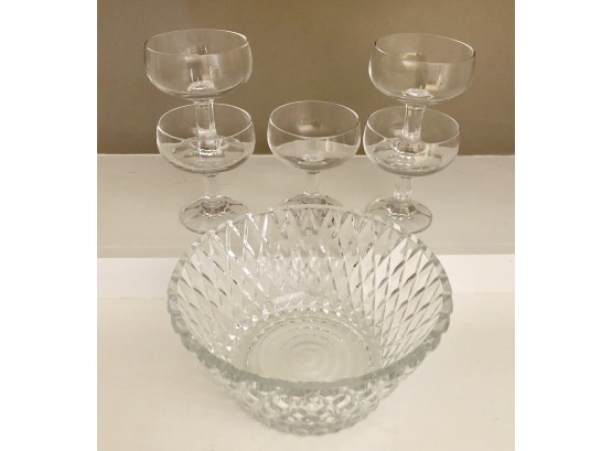 Crystal  Patterned TOWLE  Bowl & 5 Crystal Dessert Glasses