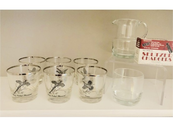 Vintage Bar Glasses - 6 Wild Fowl -1 Canadian Club   Seltzer Stoppers & Pitcher
