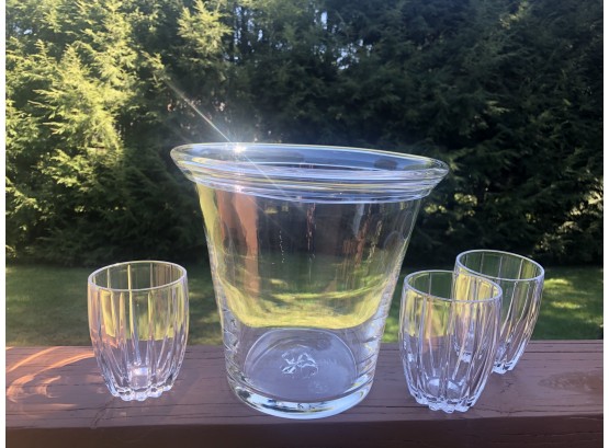 Heavy Glass Ice Bucket & 3 Waterford Marquis Double Old Fashioned Glasses