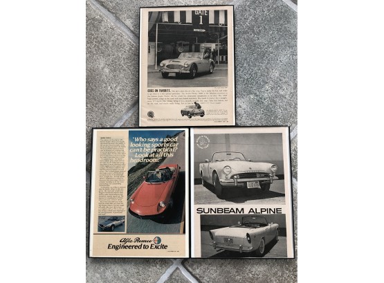 Three Vintage Framed Car Advertisements - Alfa Romeo, Austin Healy, Sunbeam Alpine