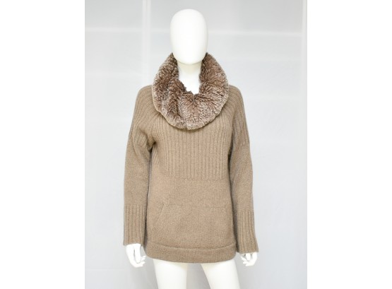 Magaschoni 100% Cashmere Cowl Neck Sweater Removable Fur Collar - Size M