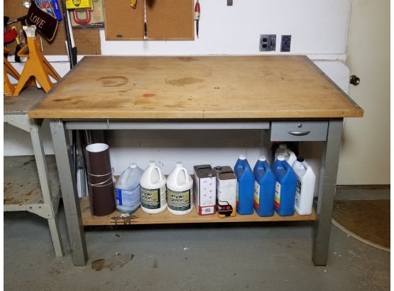 Large Metal And Wood Draftsman Table With Drawer And Shelf