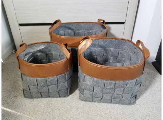 Three Nesting Felt Storage Baskets With Handles