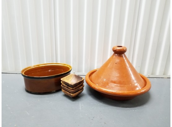 Earthenware Tagine, Porcelain Oval Deep Casserole & Set/4 Wood Canape Dishes