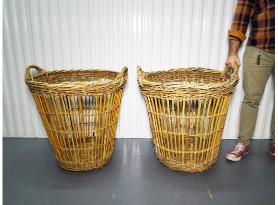 Pair Of Large Rustic Woven Rattan Handled Hampers/Baskets
