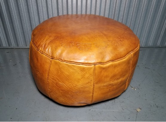 Large Caramel Leather Pouf With Impressed Floral Motif