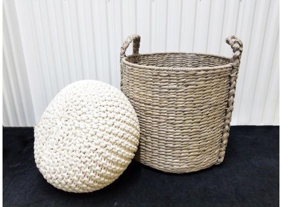Woven Cotton Pouf & Woven Raffia Handled Storage Basket