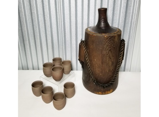 Wooden Rice Bucket & Set/8 Shino Tea Cups