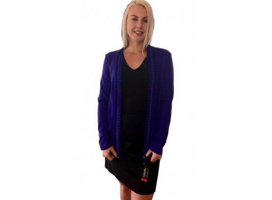 Rafaella Purple, Open-Front Sweater Jacket W/ Braid Edging, Size S - NWT!