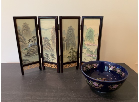 Vintage Hand Painted Miniature Room Divider And Painted China Bowl