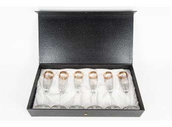 Set Of Six Gold Embossed Rim Champagne Flutes In Presentation Case