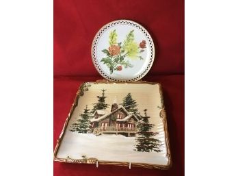 Winter Scene And Floral Plate Set