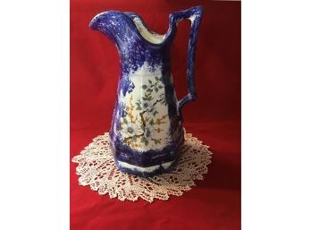 Large Blue And White Floral Pitcher