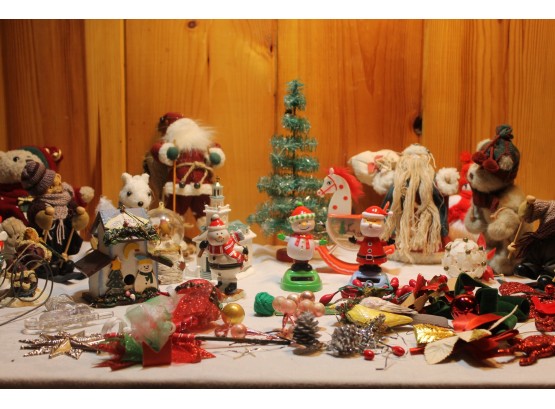 Mixed Christmas Lot With Plush Bear's, Snow Globes, Ornaments, Trinket Boxes, Dancing Solar Santa & Snowman