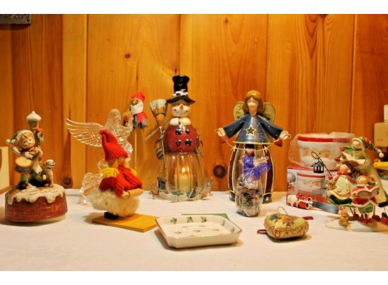 Mixed Christmas With Snowman & Angel Votive's, Just Holly By Cuthbertson, Pfaltzgraff Dish & Speader, Musicbox