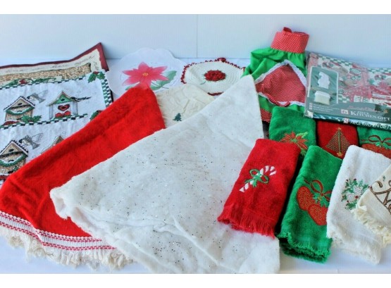 Christmas Table Linen's Including Place Mats, Tree Skirts, Apron, Doilies, Christmas Towels, Kitchen Gift Sets
