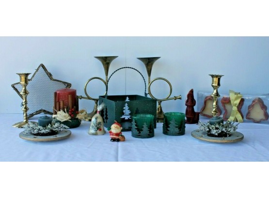 New And Vintage Candles With Brass Bugle Candle Holders, Votive's, Santa Candle's Etc.