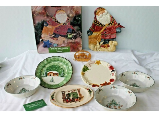Mixed Christmas Plates With 11' Debbie Mumm Woodland Santa By Sakura, George Bush Ornament, 6.5' Cereal Bowls