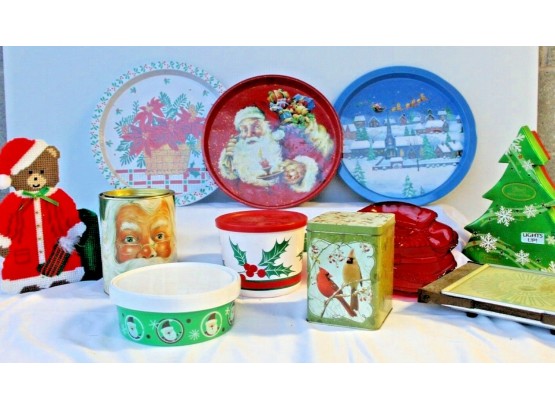 Mixed Christmas Lot Including Trays, Tins, Hot Plate, Cute 10' Bear Christmas Card Holder Etc.