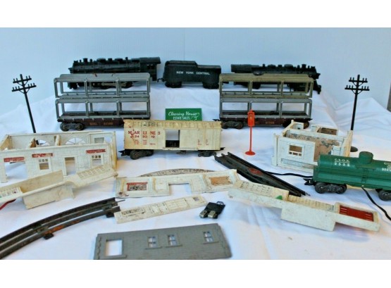 Lionel & Marx Train Lot W/ 'O' Scale Loco & Tender, Car Transports, Tanker, Boxcar, Plasticville, Transformer