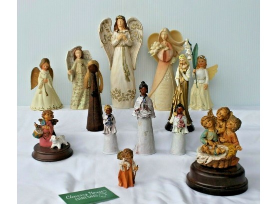 13 Great Vintage Holiday Angel's Collection W/ Silent Night Music Box From Italy, Enesco, Demdaco, Roman Etc.