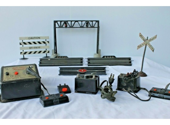 Vintage Lionel Accessories With Multi Control Trainmaster Transformer, Signal Bridge, Signs, Track & Switches
