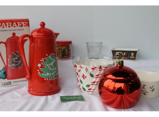 Mixed Lot Of Christmas With A.K. DAS Thermal Vacuum Carafe, Holly Yuletide Japan Ovenware, And More