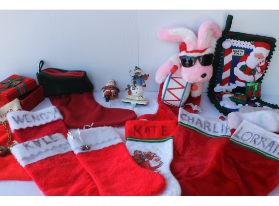 Used Stockings Lot With Energizer Bunny Stocking, North Pole, Old Navy Stockings And Stocking Holder's