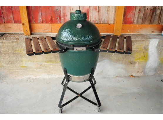 The Green Egg LARGE BBQ Grill On Nest Rolling Stand And Folding Side Shelves