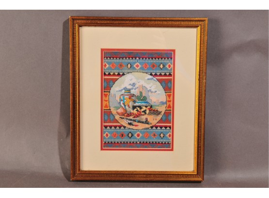 Southwestern Native Theme Needlepoint Matted And Framed